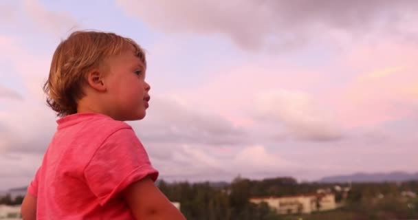 Menino encantador ao pôr-do-sol olhando para longe — Vídeo de Stock