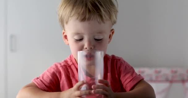 Portrét chlapce pít sklenici vody — Stock video
