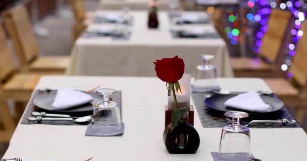 Tabel geserveerd met rode roos in vaas — Stockvideo