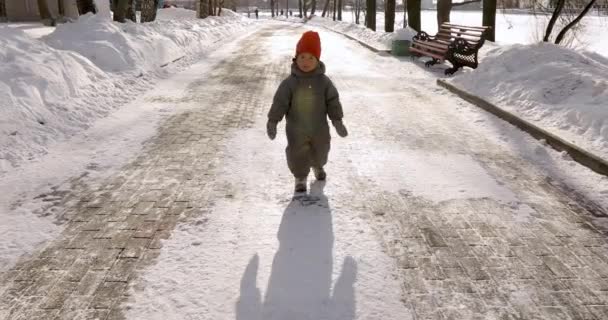 Mignon garçon parc hiver va pourparlers — Video