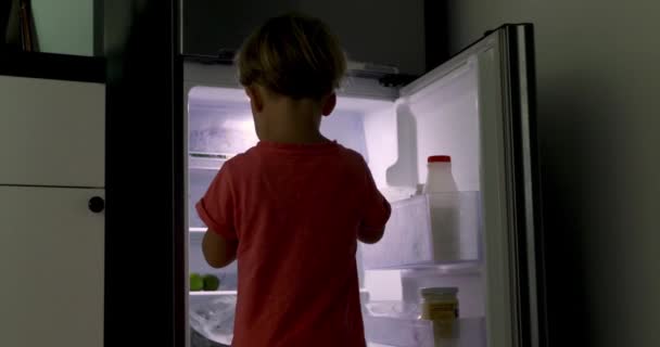 Pequeño niño se para refrigerador abierto toma leche — Vídeo de stock