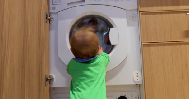 Niño está mirando en la lavadora — Vídeo de stock