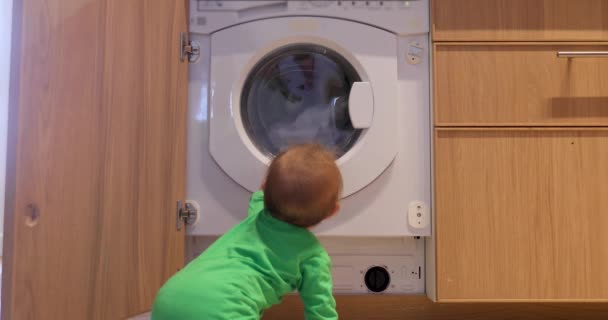 Kind kijkt naar de wasmachine — Stockvideo