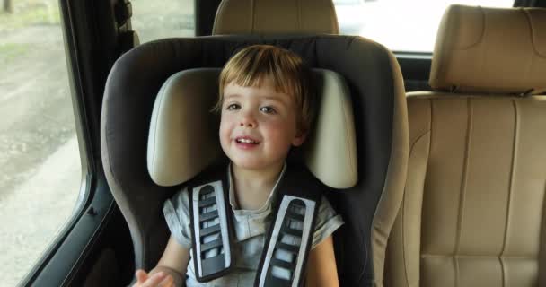 Baby jongen in de kinder autostoel in de auto — Stockvideo