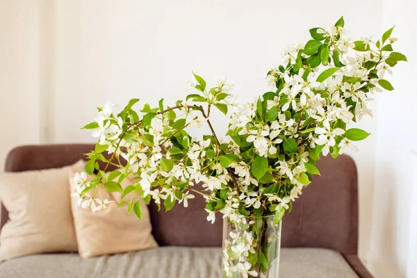 Vase mit Blumen in der Nähe von Sofa — Stockfoto