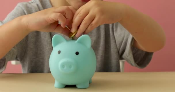 Kleine jongen zetten munten in een Piggy Bank — Stockvideo