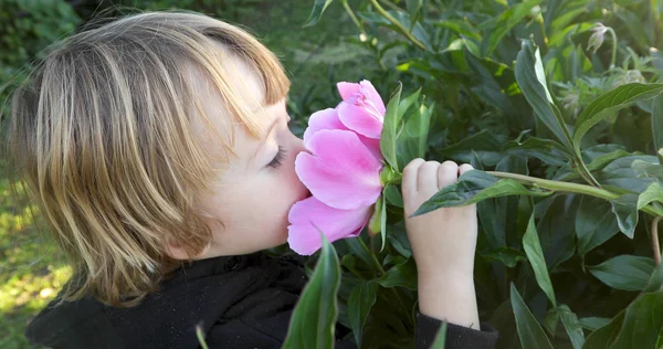 Un enfant renifle une fleur — Photo
