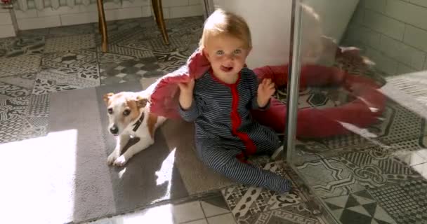 Barn och hund sitter på golvet — Stockvideo