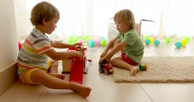 Yerde oturan ve oyuncak araba oynarken Toddlers