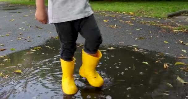Baby stomping through puddles in yellow rubber boots — Stock Video