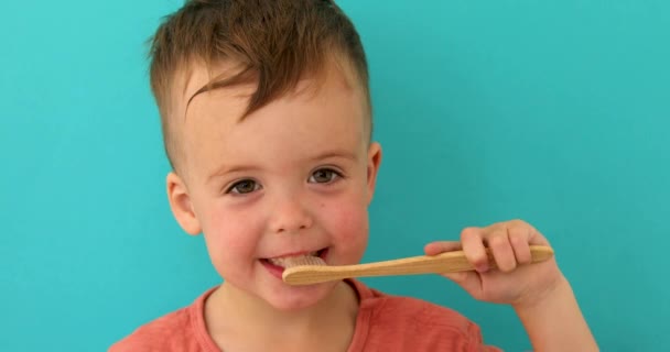 Kleine jongen is zijn tanden poetsen — Stockvideo