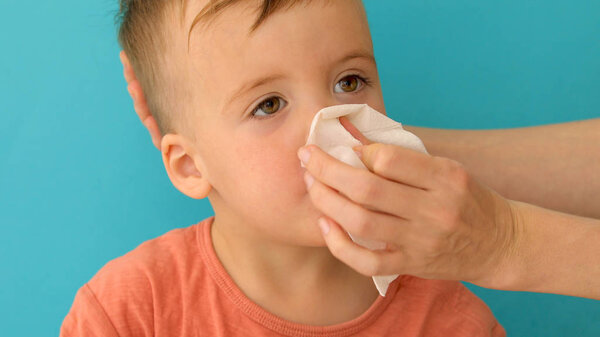 Взрослый помогает ребенку высморкаться и вытереть нос
