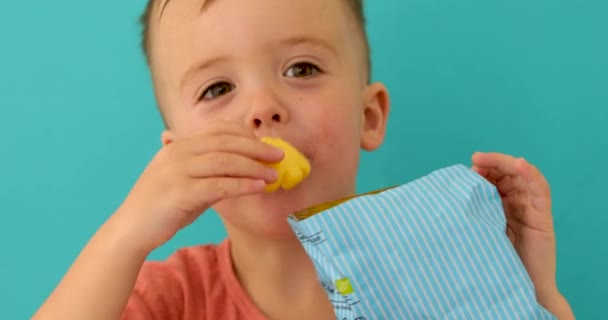 Alegre niño comiendo patatas fritas y mirando a la cámara — Vídeo de stock