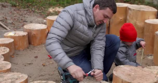 Отец и сын строят кружок ступеньки пней — стоковое видео