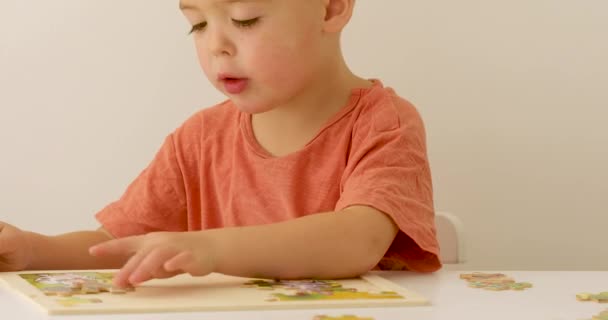 Розумна дитина збирає дерев'яну головоломку на столі — стокове відео
