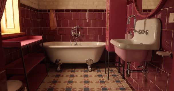 Modern tasarımın pembe renkli olduğu zarif bir banyo. — Stok video