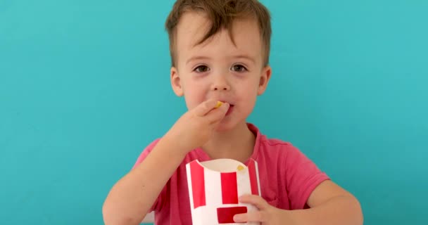 Niño en el interior comiendo pescado y papas fritas sonriendo — Vídeos de Stock