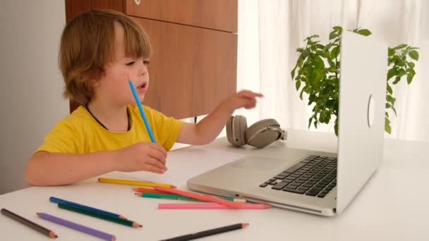 Malý chlapec sleduje notebook u stolu se sbírkou tužek — Stock video