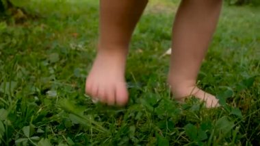 Çocuklar çıplak ayakla çimlerin üzerinde tepiniyor. Dışarıda eğlenmek.