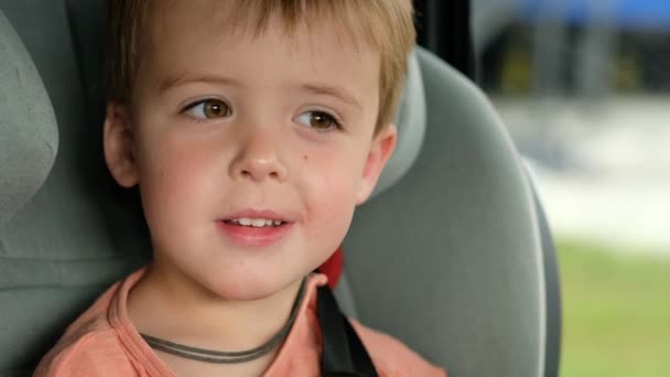 Niño sonriendo mientras está sentado en el asiento del coche — Vídeos de Stock