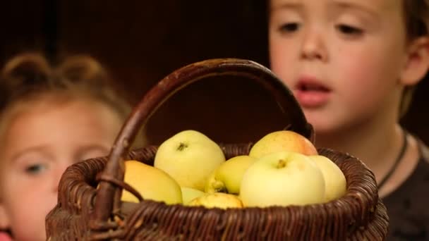 Wazige kinderen kijken naar bruine mand met gele appels — Stockvideo