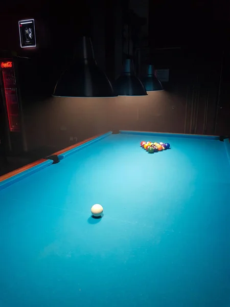 Blue pool table with balls — Stock Photo, Image