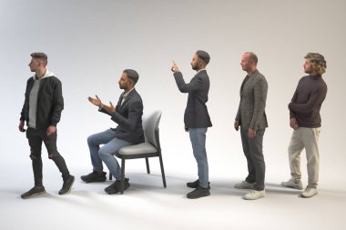 Farklı pozlarda oturan ve ayakta duran beş adam. 3B görüntüleme.