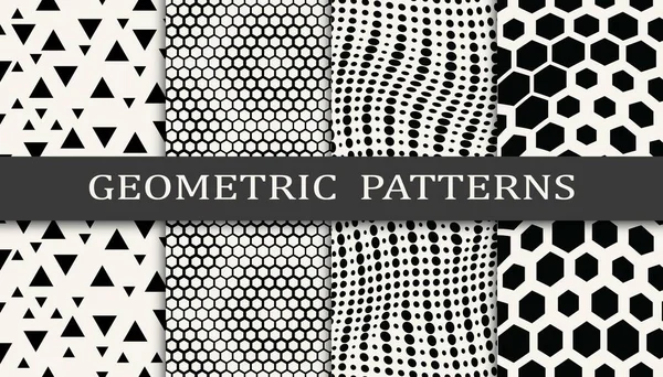 Black White Geometric Seamless Halftone Pattern Set — Stock Vector