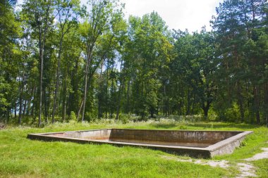 Vinnitsa, Ukrayna - 4 Ağustos 2018: Hayatta kalan yangın söndürme havuzunda Werwolf (Stavka, Adolf Hitler). Günümüzde tarihi ve anma kompleksi Nazizm kurbanlarının
