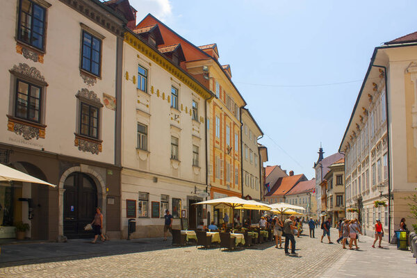 Slovenia, Ljubljana - June 19, 2018: People at street in old town of Ljubljana