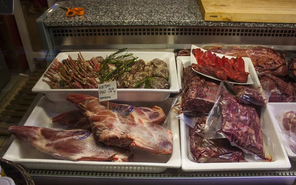 Helsinki Finland Januari 2018 Vlees Een Etalage Oude Kauppahalli Van — Stockfoto