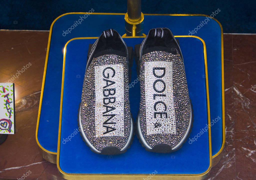 ITALY, MILAN - November 1, 2018: Store showcase with shoes at Montenapoleone area in Milan