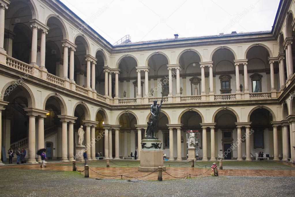 ITALY, MILAN - November 1, 2018: Antique courtyard of Brera Gallery in Milan