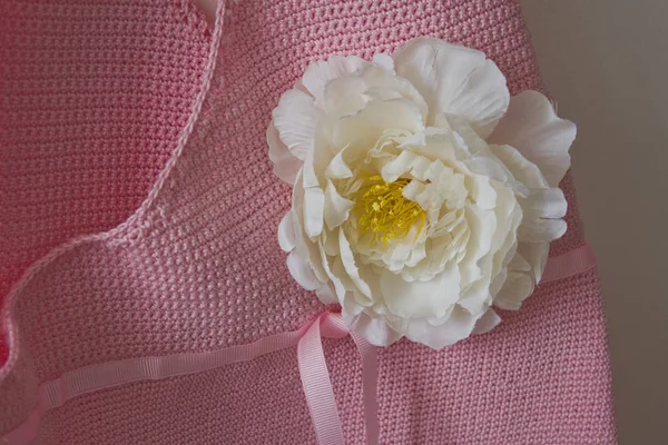Θραύσμα Από Μόδα Γυναικεία Ροζ Τσάντα Βελονάκι Ένα Άσπρο Λουλούδι — Φωτογραφία Αρχείου