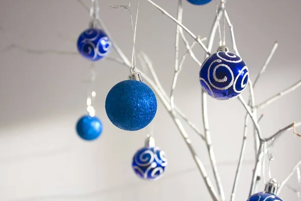 Elegant Christmas Composition Blue Baubles White Branch White Background — Stock Photo, Image