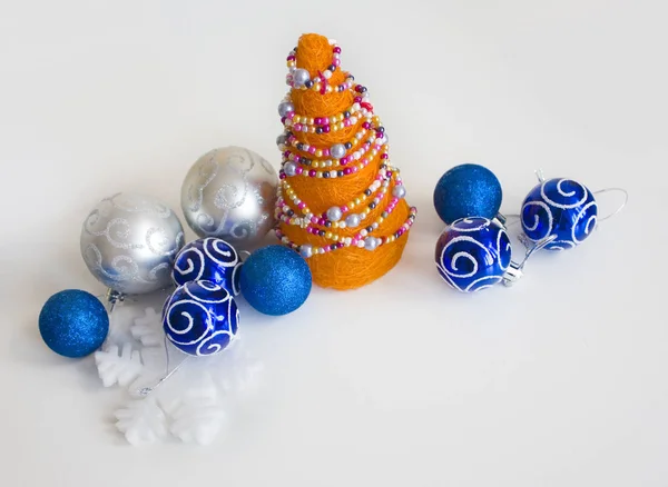Elegant Composition Christmas Orange Handmade Tree Blue Silver Baubles White — Stock Photo, Image
