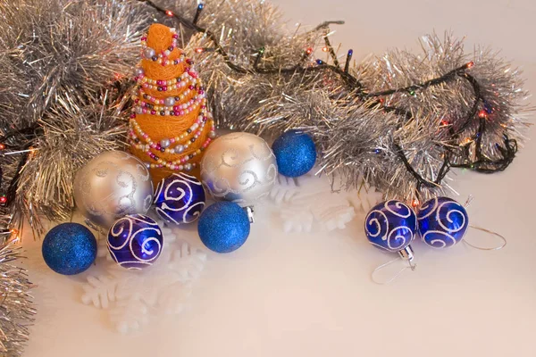 Elegant Composition Orange Christmas Handmade Tree Blue Silver Baubles Silver — Stock Photo, Image