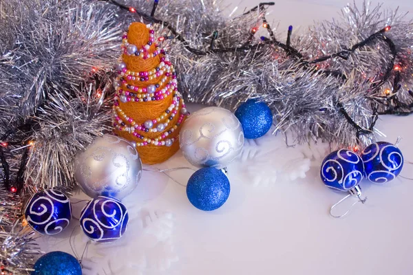 Elegant Composition Orange Christmas Handmade Tree Blue Silver Baubles Silver — Stock Photo, Image