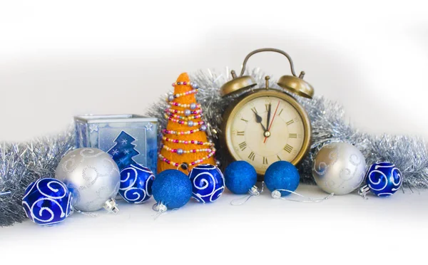 Elegant Composition Christmas Orange Handmade Tree Blue Silver Baubles Retro — Stock Photo, Image