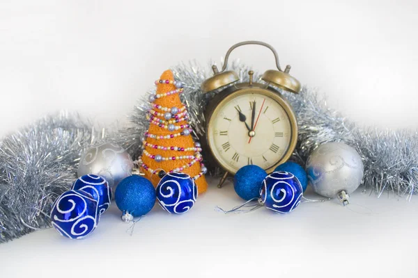 Elegant Composition Christmas Orange Handmade Tree Blue Silver Baubles Retro — Stock Photo, Image