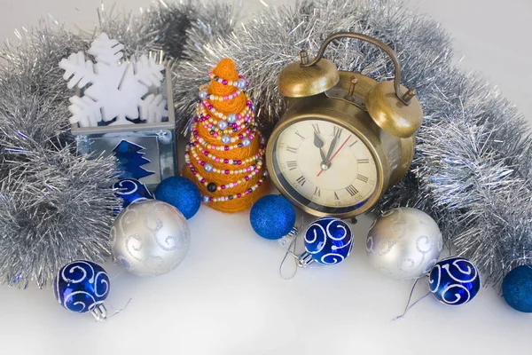 Elegant Composition Christmas Orange Handmade Tree Blue Silver Baubles Retro — Stock Photo, Image