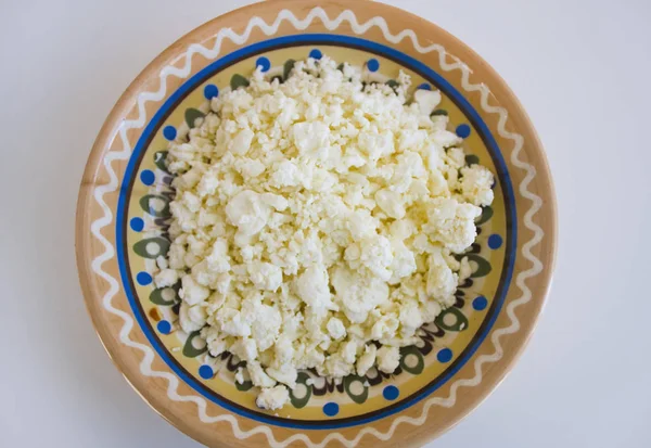 Fresh Cottage Cheese Plate Close — Stock Photo, Image