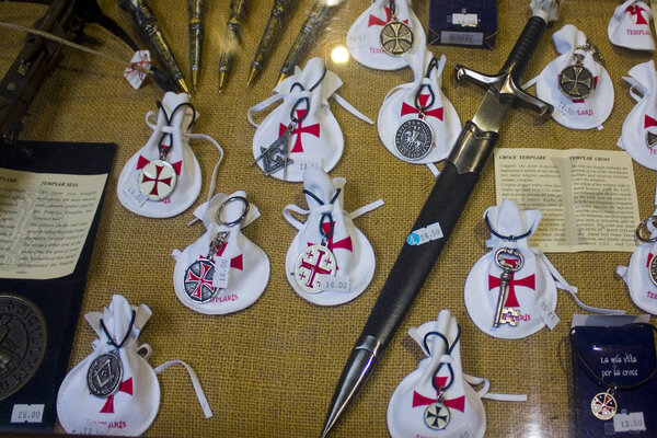 ITALY, TURIN - November 2, 2018: Souvenirs with the Templar symbols at store in Turin