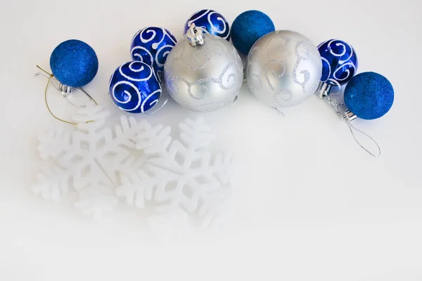 Christmas Background Blue Silver Baubles White Background — Stock Photo, Image