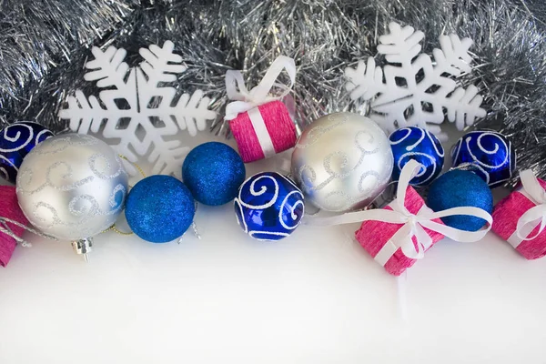 Christmas Background Blue Silver Baubles White Background — Stock Photo, Image