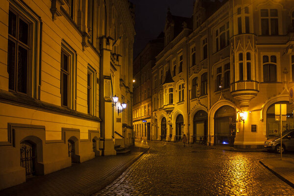 Riga, Latvia - January 1, 2018: Vintage architecture of the Old Town at evening in Riga, Latvia