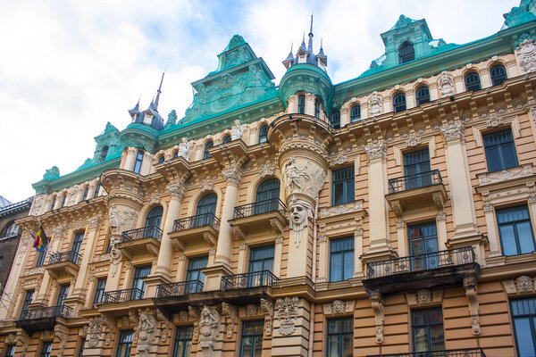 Riga, Latvia - January 1, 2018: Facade of an Art Nouveau building on Alberta Street in Riga, Latvia