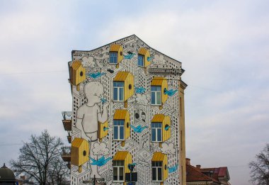 Vilnius, Litvanya - 30 Aralık 2017: Sokak sanatı (grafiti) duvar ev Vilnius, Litvanya