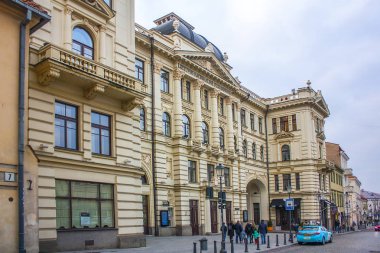 Vilnius, Litvanya - 30 Aralık 2017: Ulusal Litvanya Filarmoni Vilnius eski şehir bina cephe