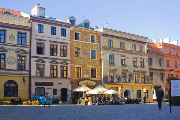 LUBLIN, POLAND - October 15, 2018: Street cafe at Market Square in Lublin